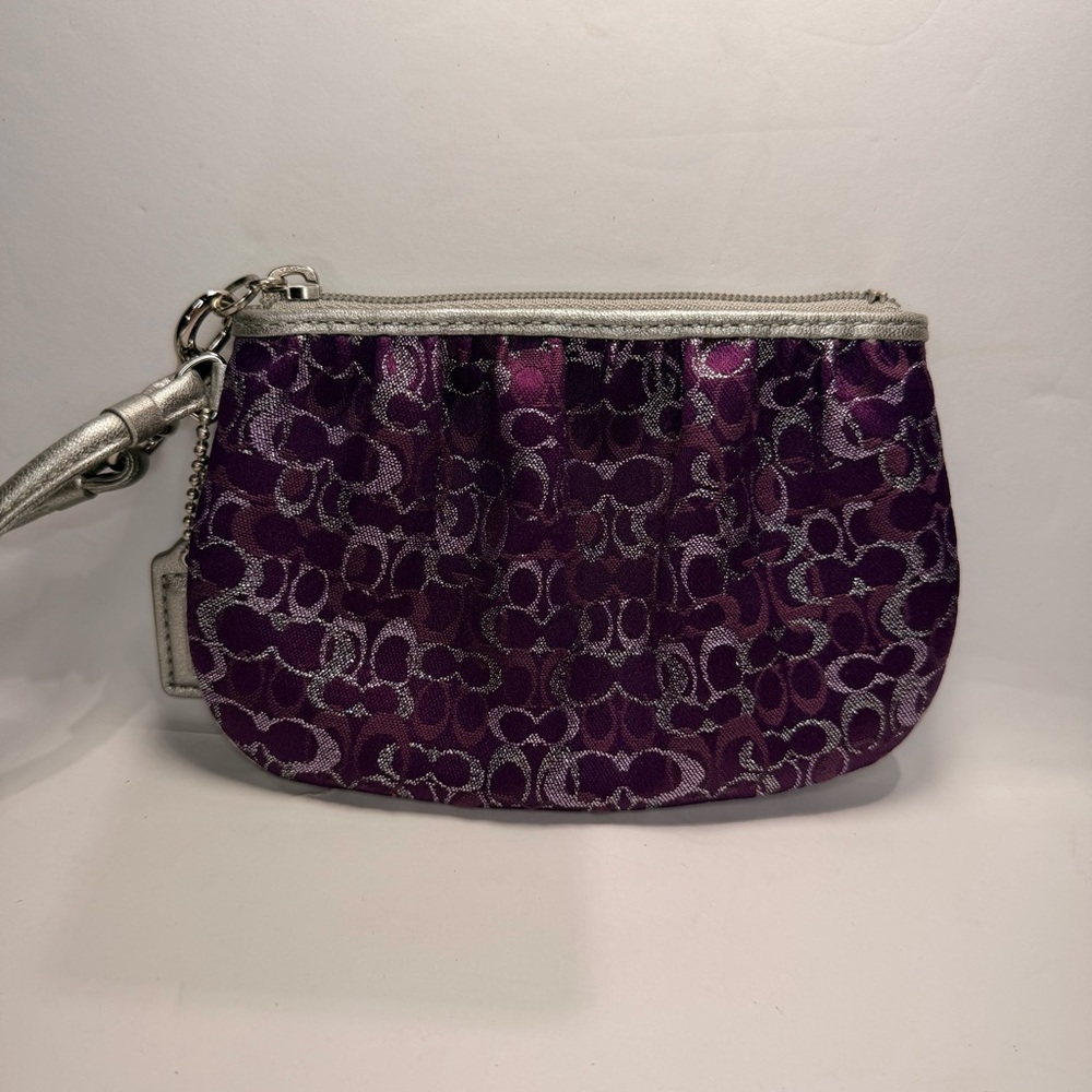 Coach Signature Wristlet Metallic Jacquard Pleat Purple Lurex Mini Purse RARE